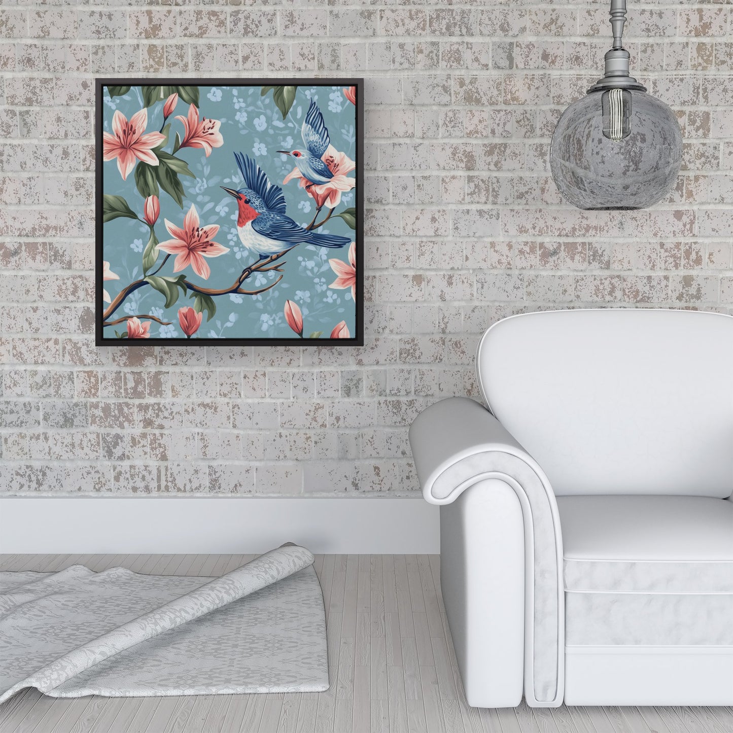 Birds On A Branch, Amongst The Lillies Framed Canvas