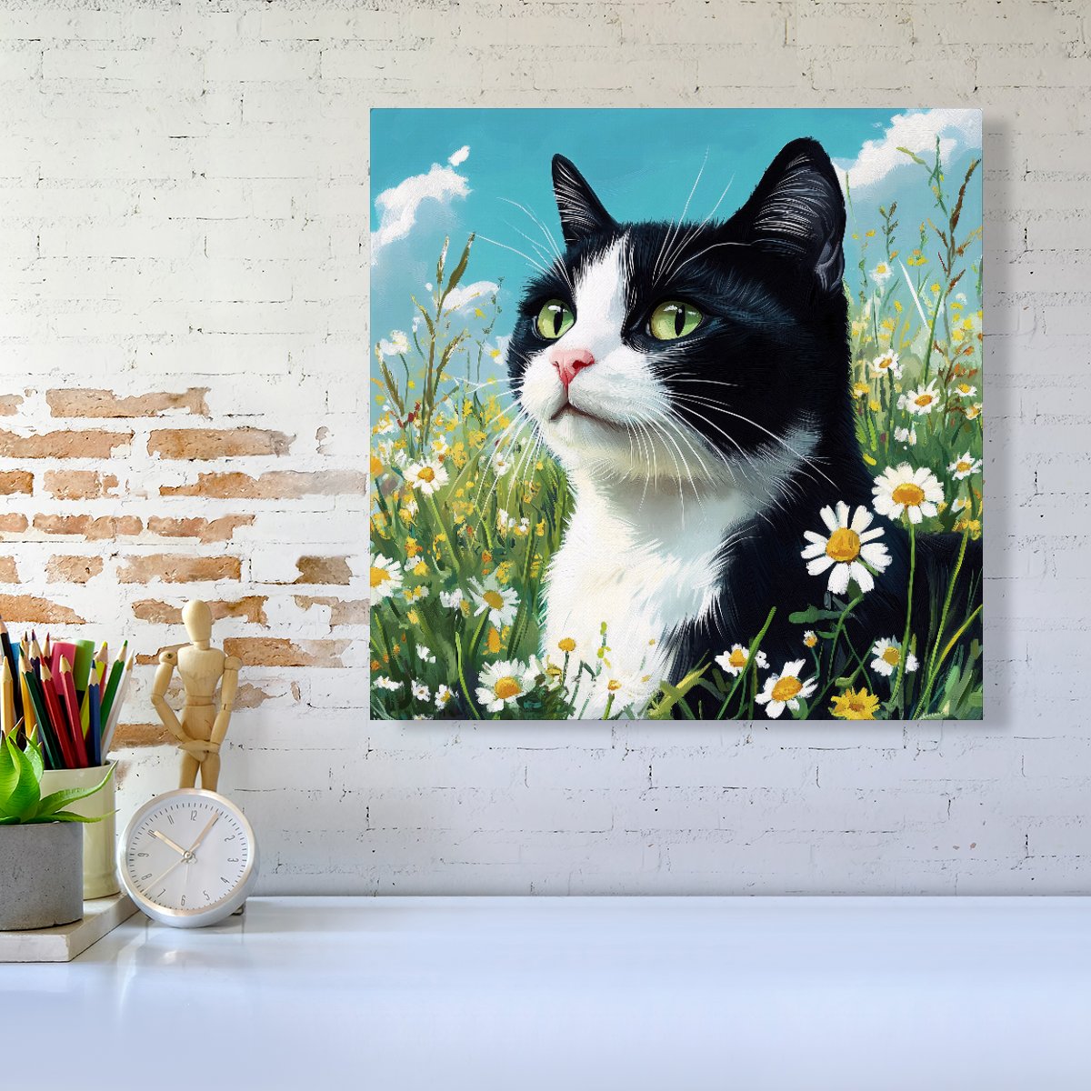 Black And White Cat In A Summer Meadow Canvas