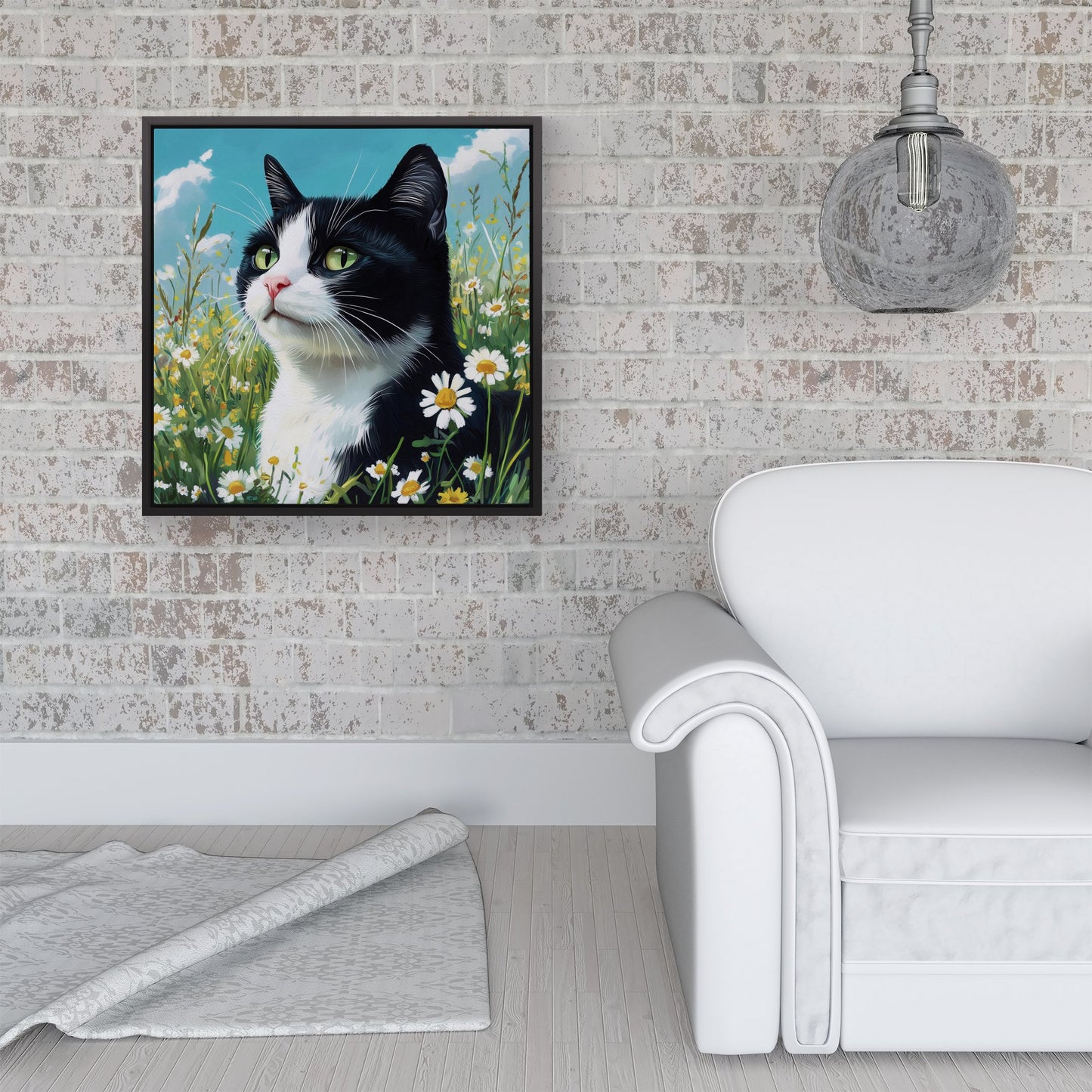 Black And White Cat In A Summer Meadow Framed Canvas