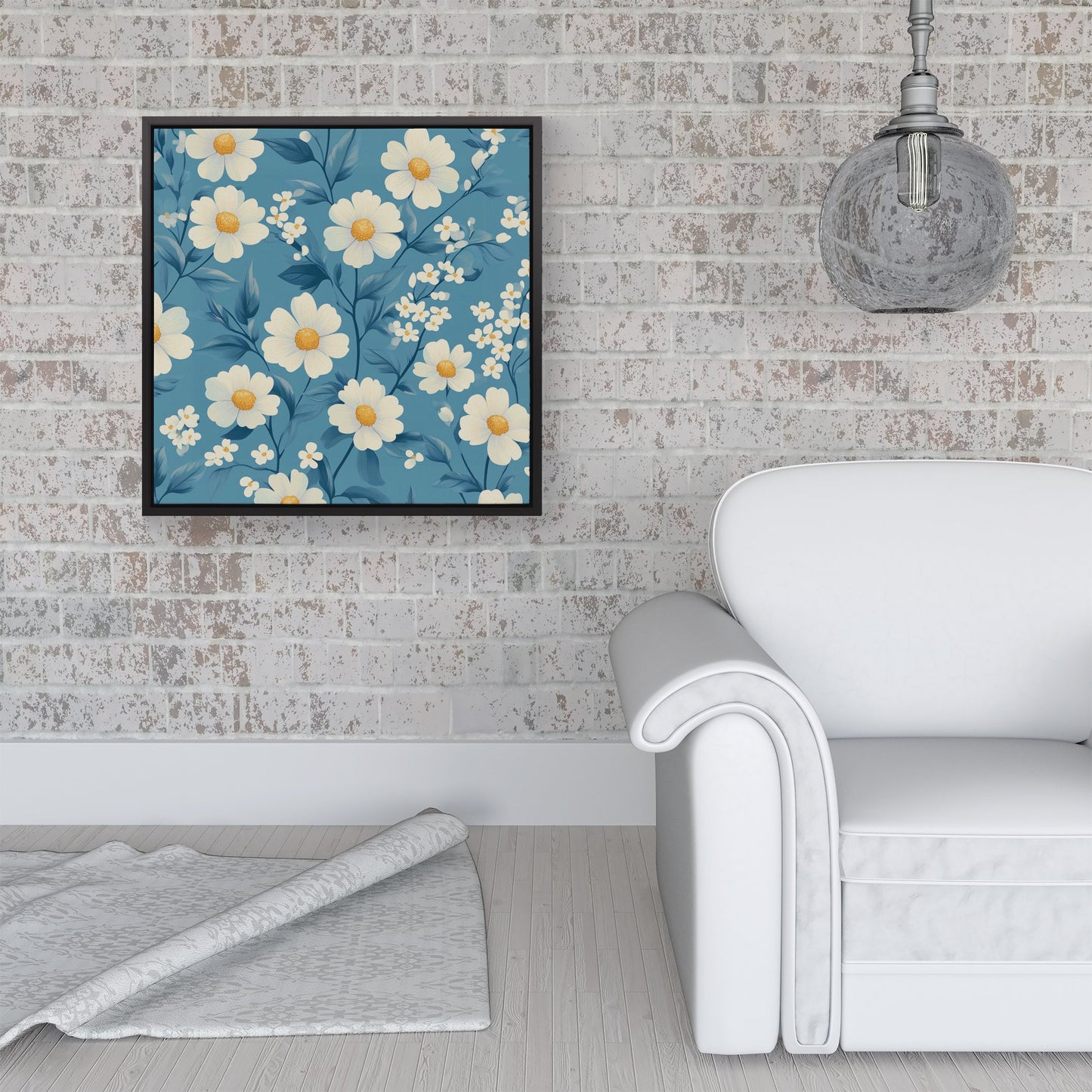 Blue And White Spring Daisies Framed Canvas