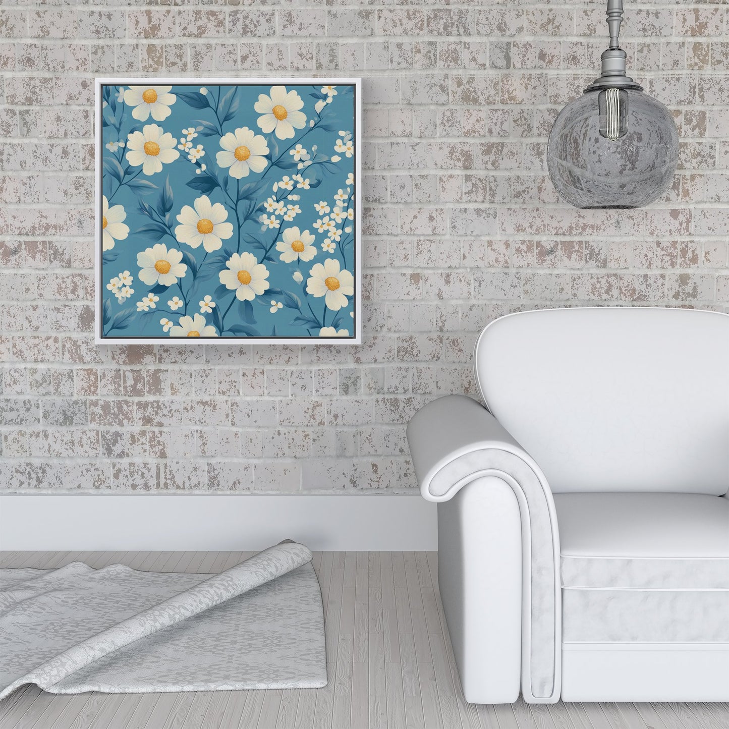 Blue And White Spring Daisies Framed Canvas