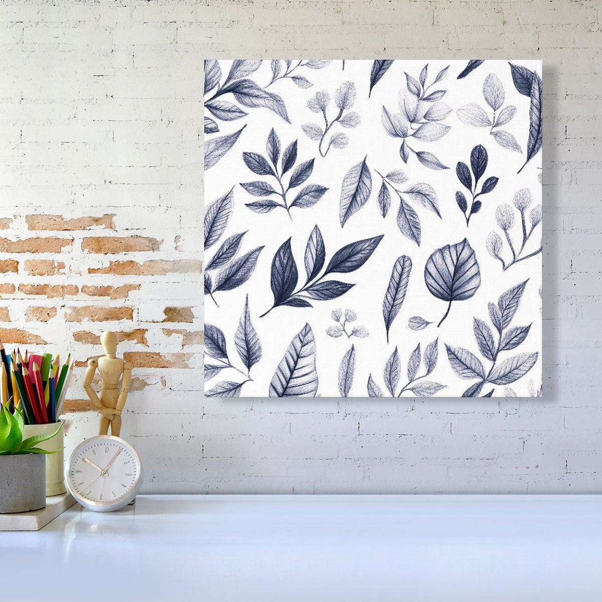 Grey Hand Drawn Leaves Canvas