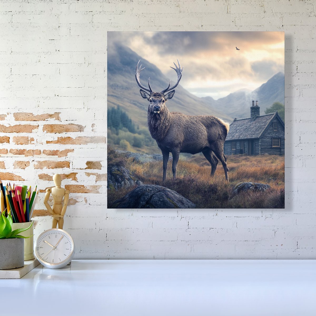 Highland Stag By The Cottage Canvas