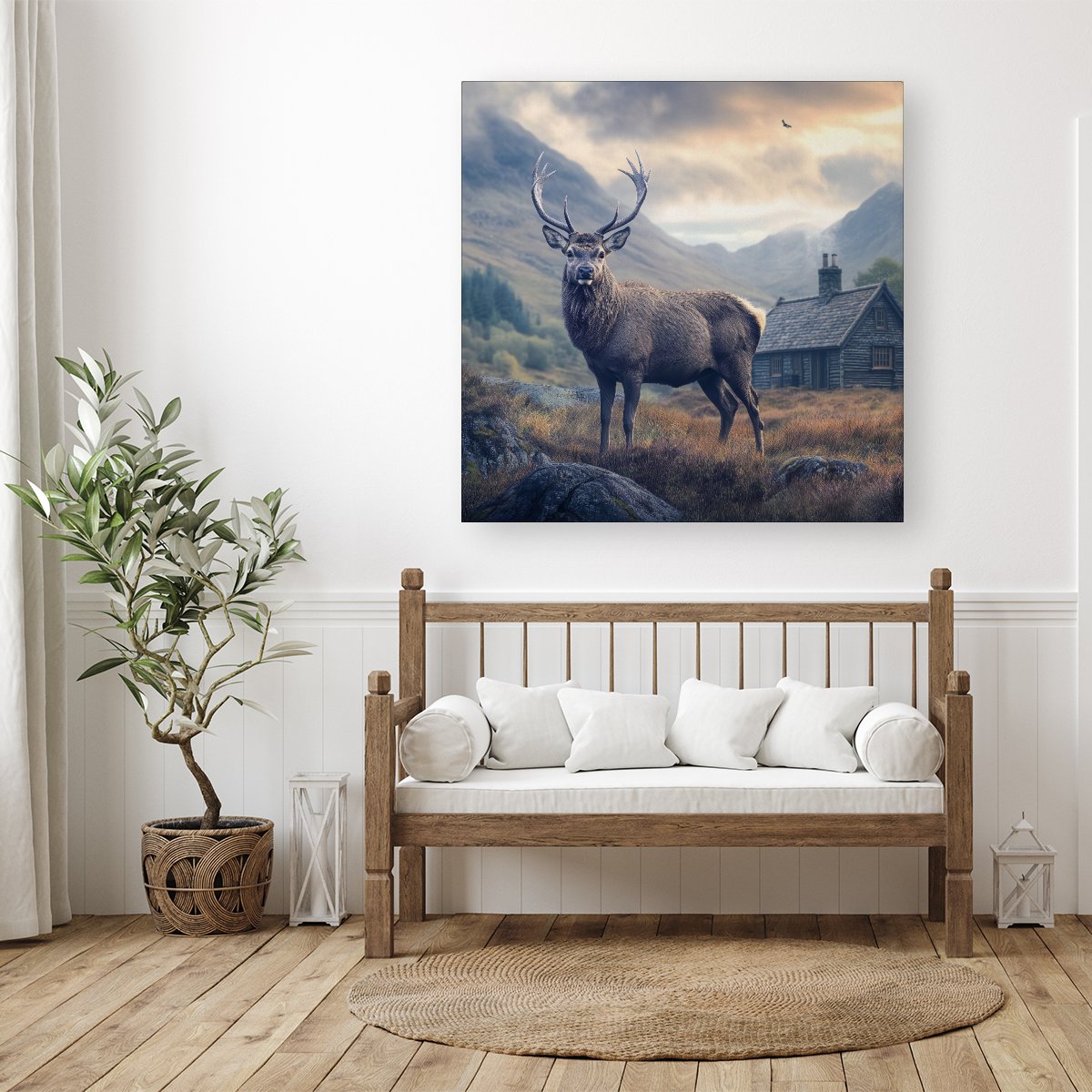 Highland Stag By The Cottage Canvas