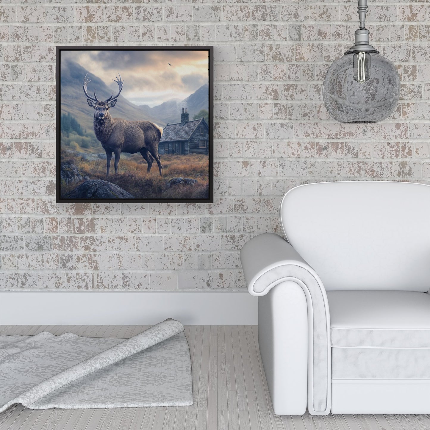 Highland Stag By The Cottage Framed Canvas