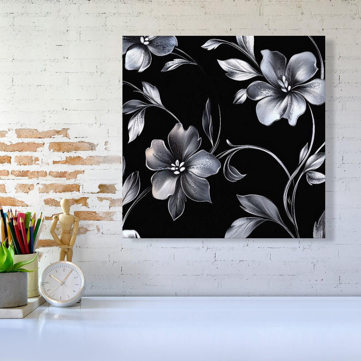 Metallic Effect Leaves And Flowers Canvas