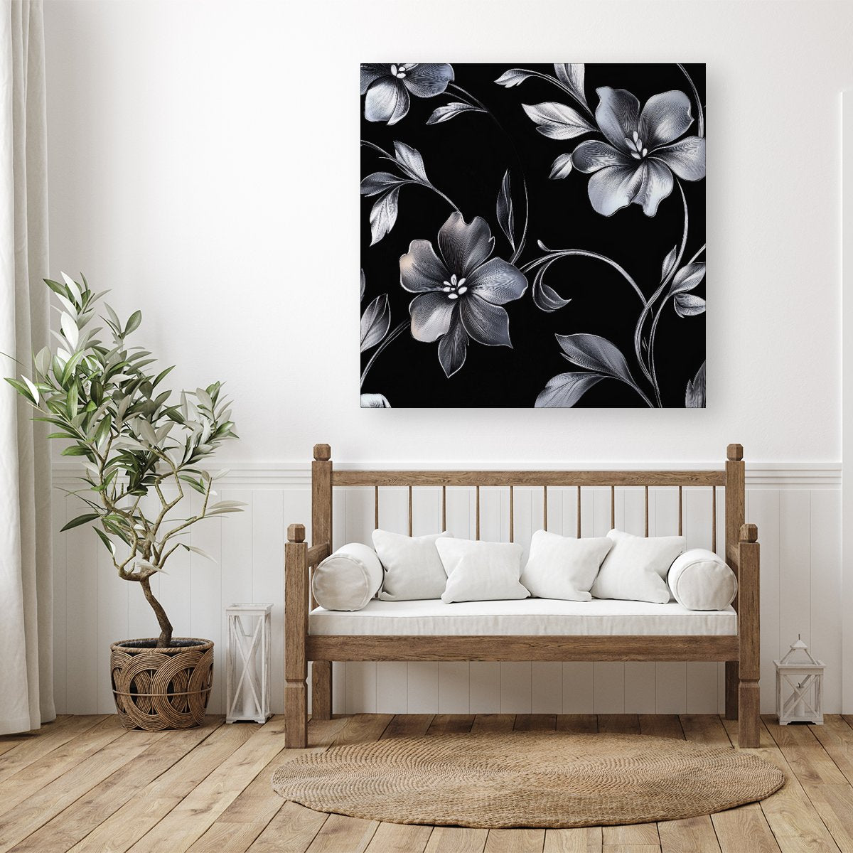 Metallic Effect Leaves And Flowers Canvas