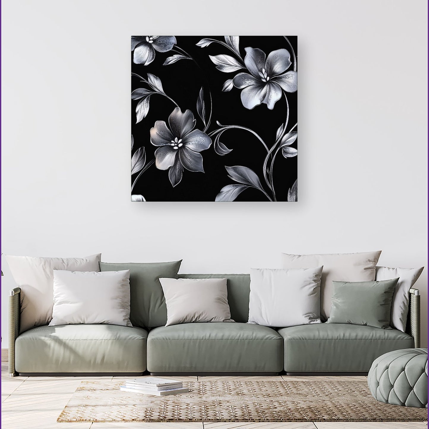 Metallic Effect Leaves And Flowers Canvas