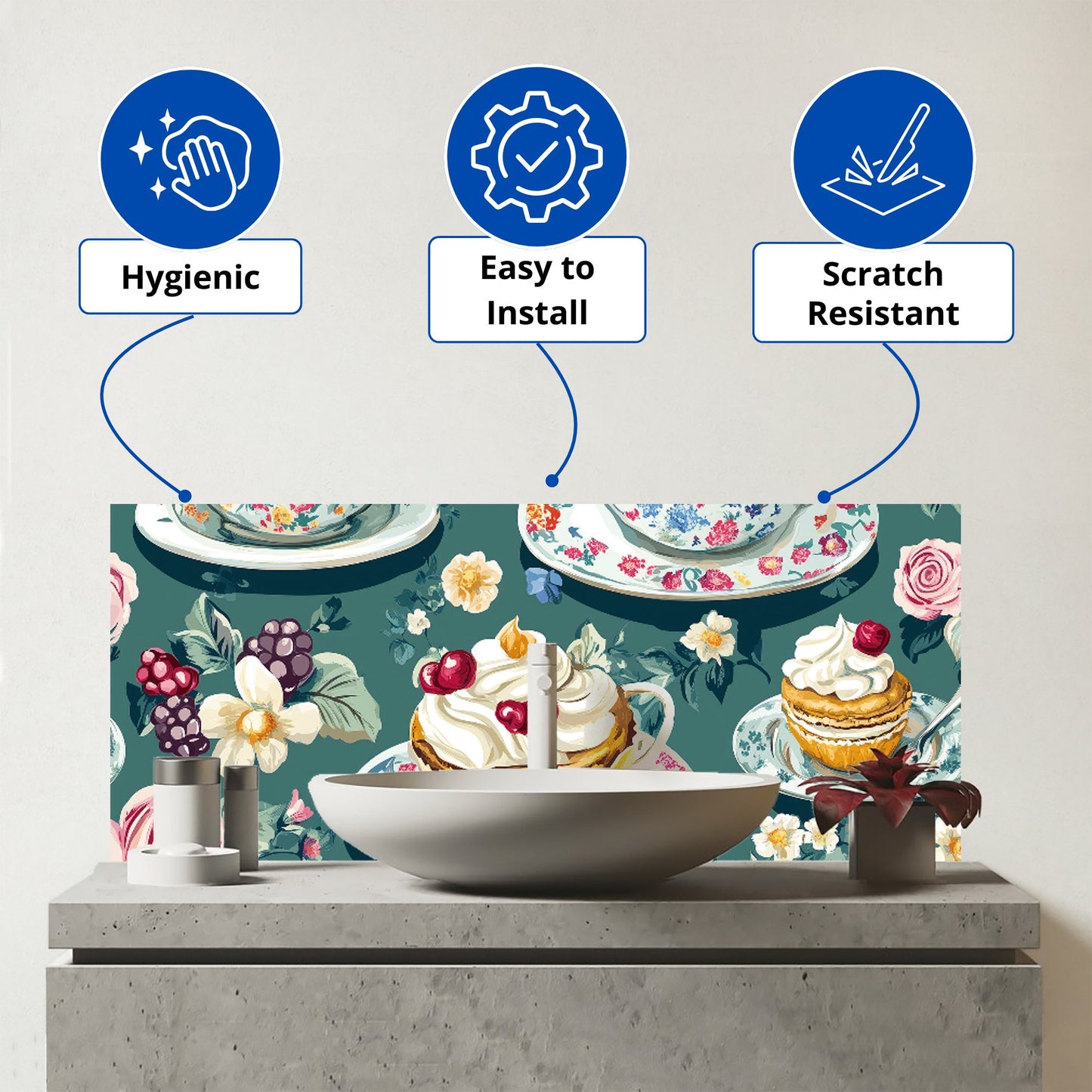 Vintage Tea Party Glass Bathroom Splashback