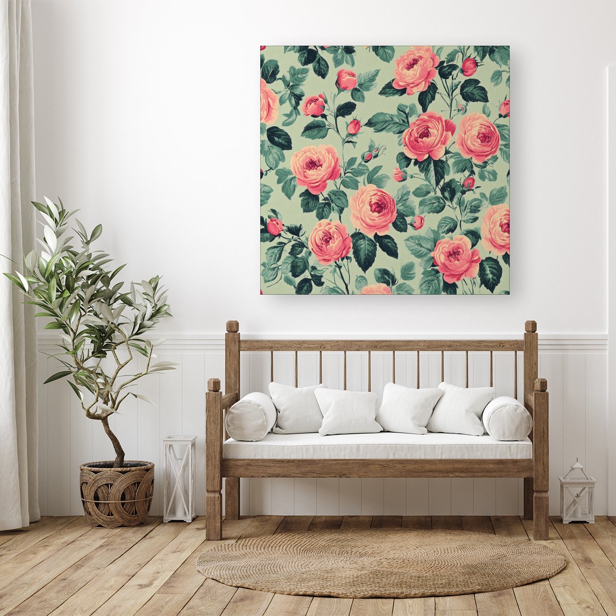 Sage Green And Pink Roses Canvas