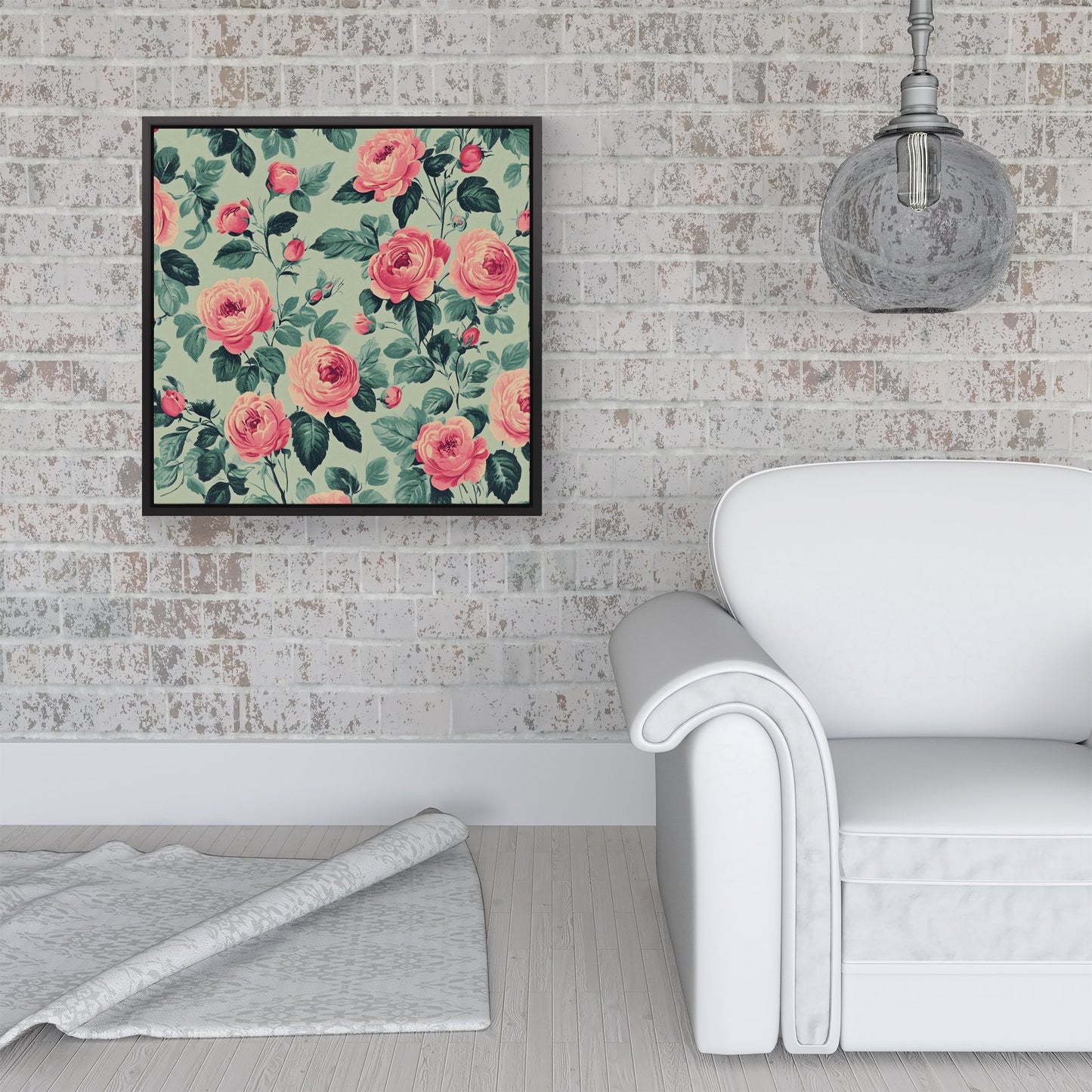 Sage Green And Pink Roses Framed Canvas