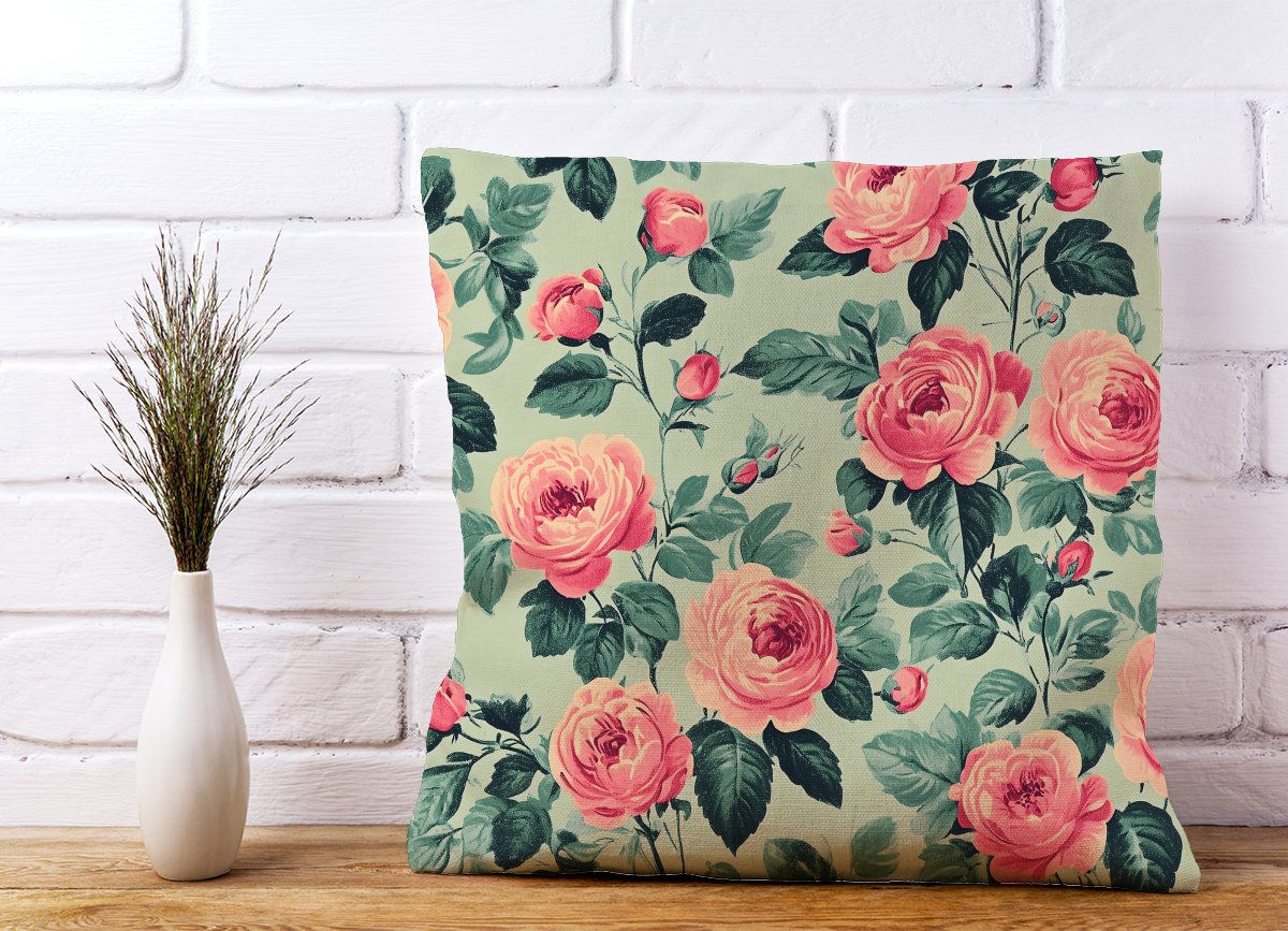 Sage Green And Pink Roses Cushions