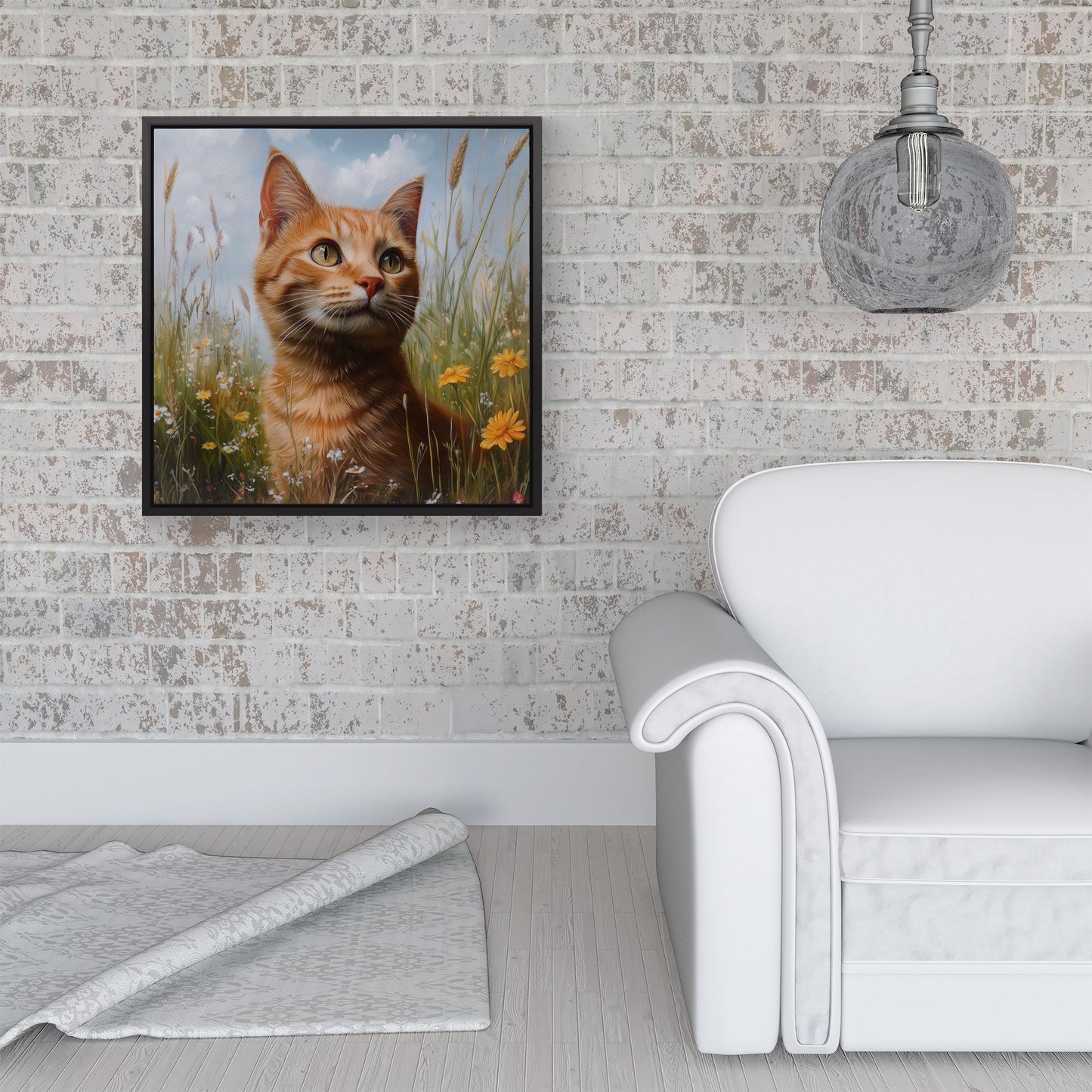 Happy Short Haired Ginger Cat In A Spring Meadow Framed Canvas