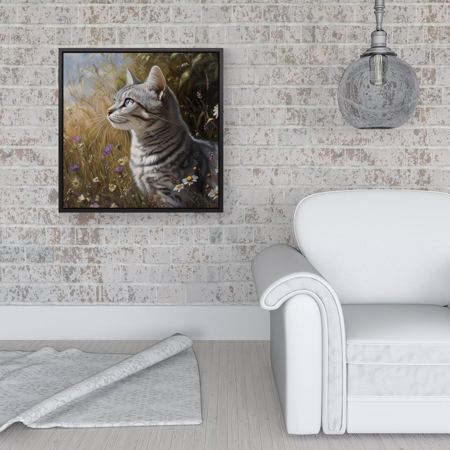 Silver Tabby Cat In A Spring Meadow Framed Canvas