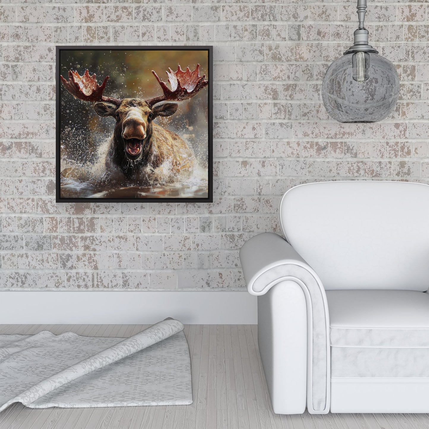 Splashart Moose Enjoying A Swim Framed Canvas