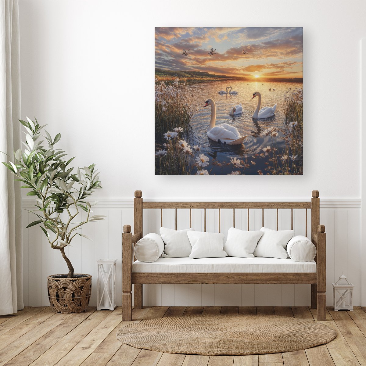 Swans At Sunset In A Beautiful Lake Canvas