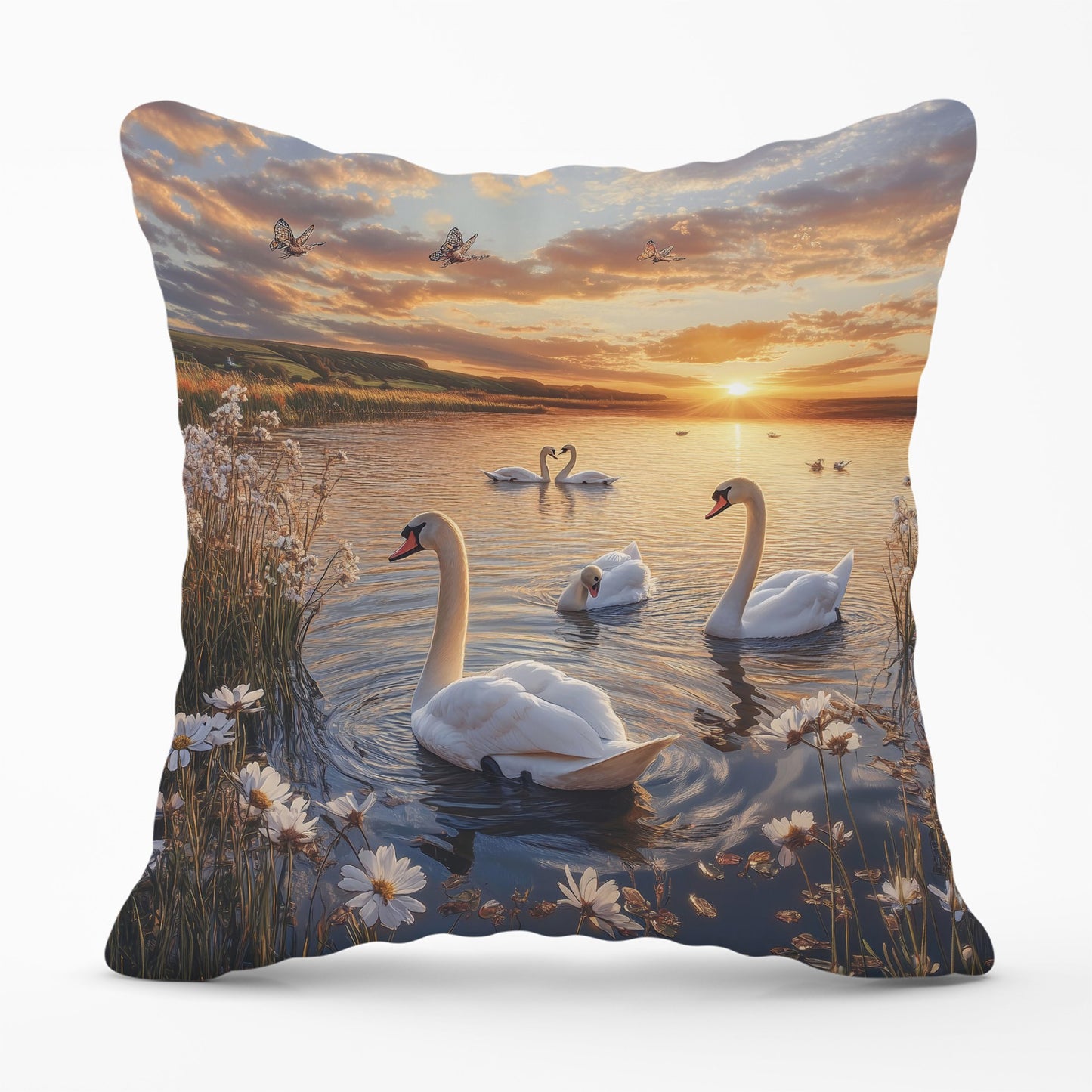Swans At Sunset In A Beautiful Lake Cushions