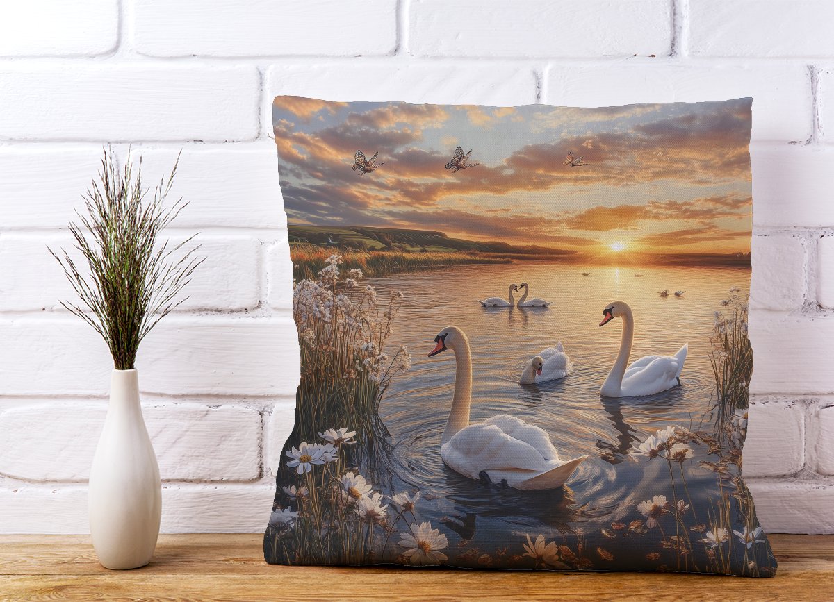 Swans At Sunset In A Beautiful Lake Cushions