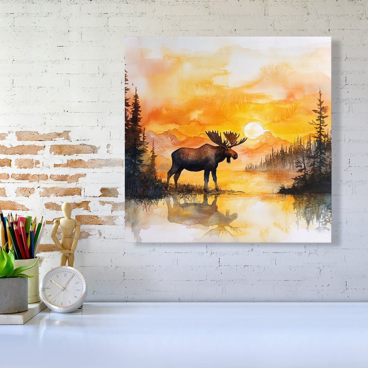 Watercolour Moose At Sunset Canvas