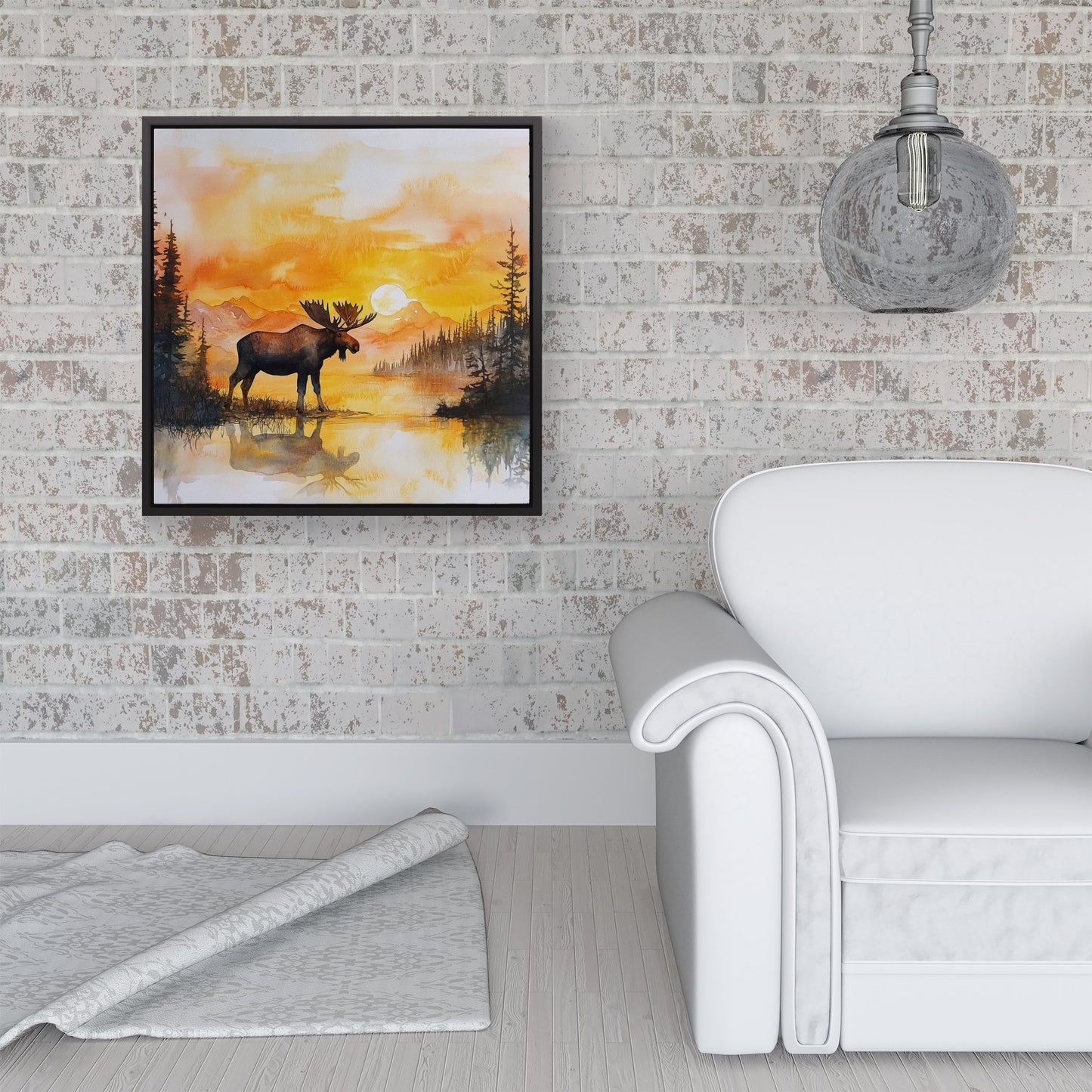 Watercolour Moose At Sunset Framed Canvas