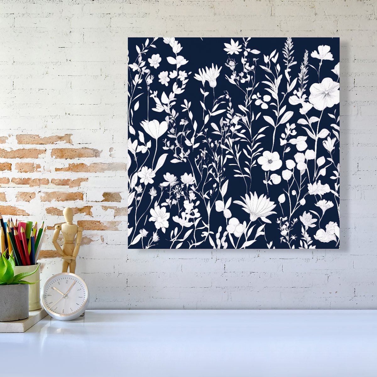 Blue And White Floral Silhouette Canvas