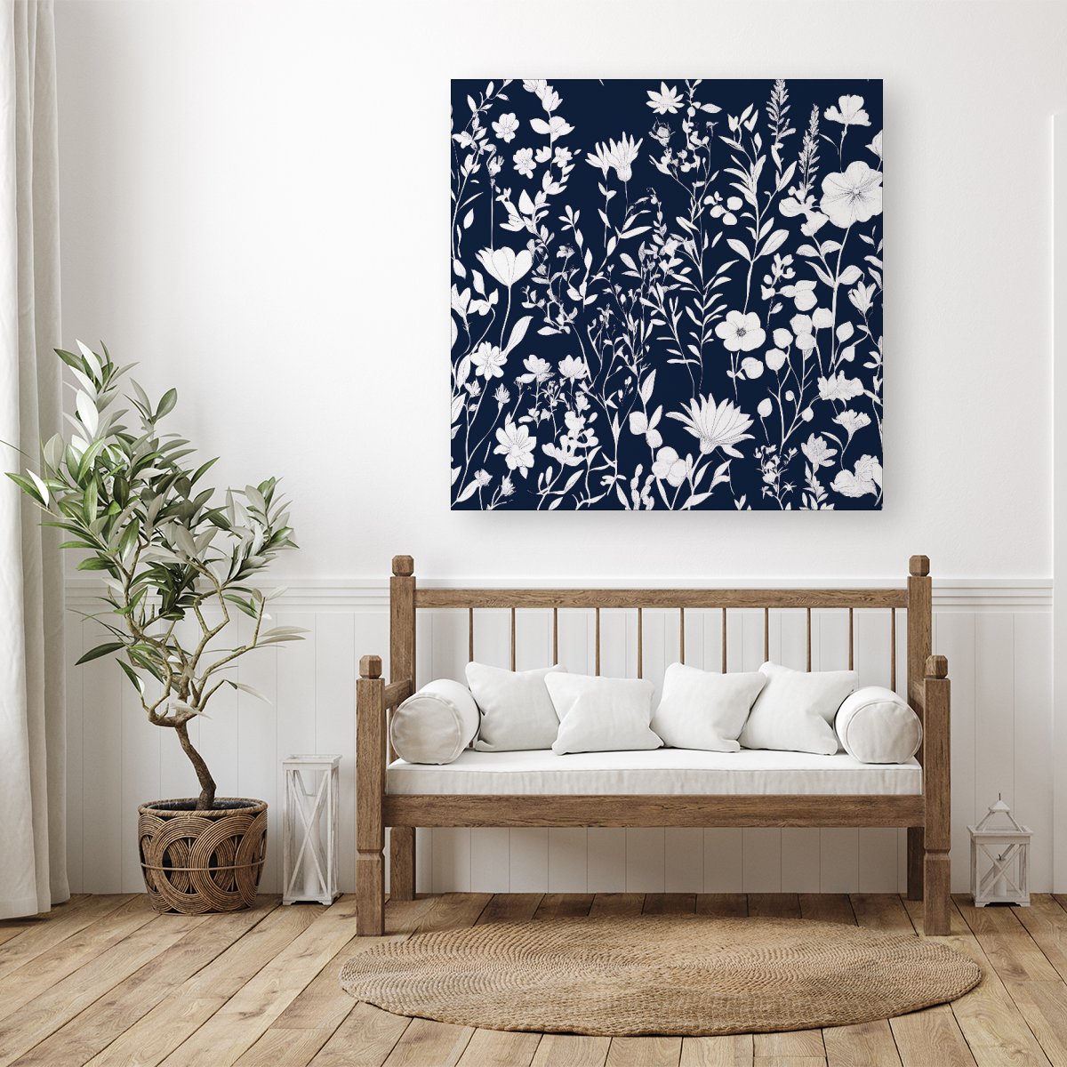 Blue And White Floral Silhouette Canvas