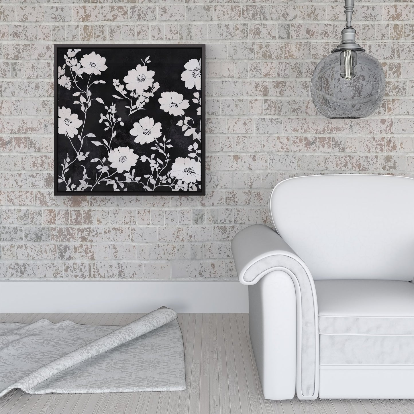 Black And White Floral Silhouette Framed Canvas