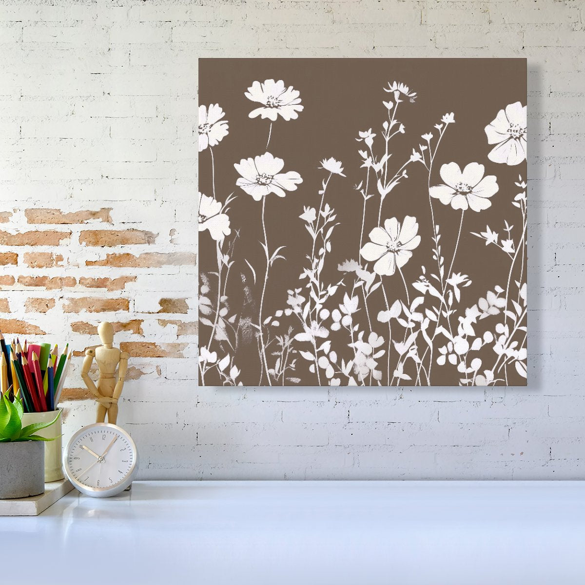 Taupe And White Floral Silhouette Canvas