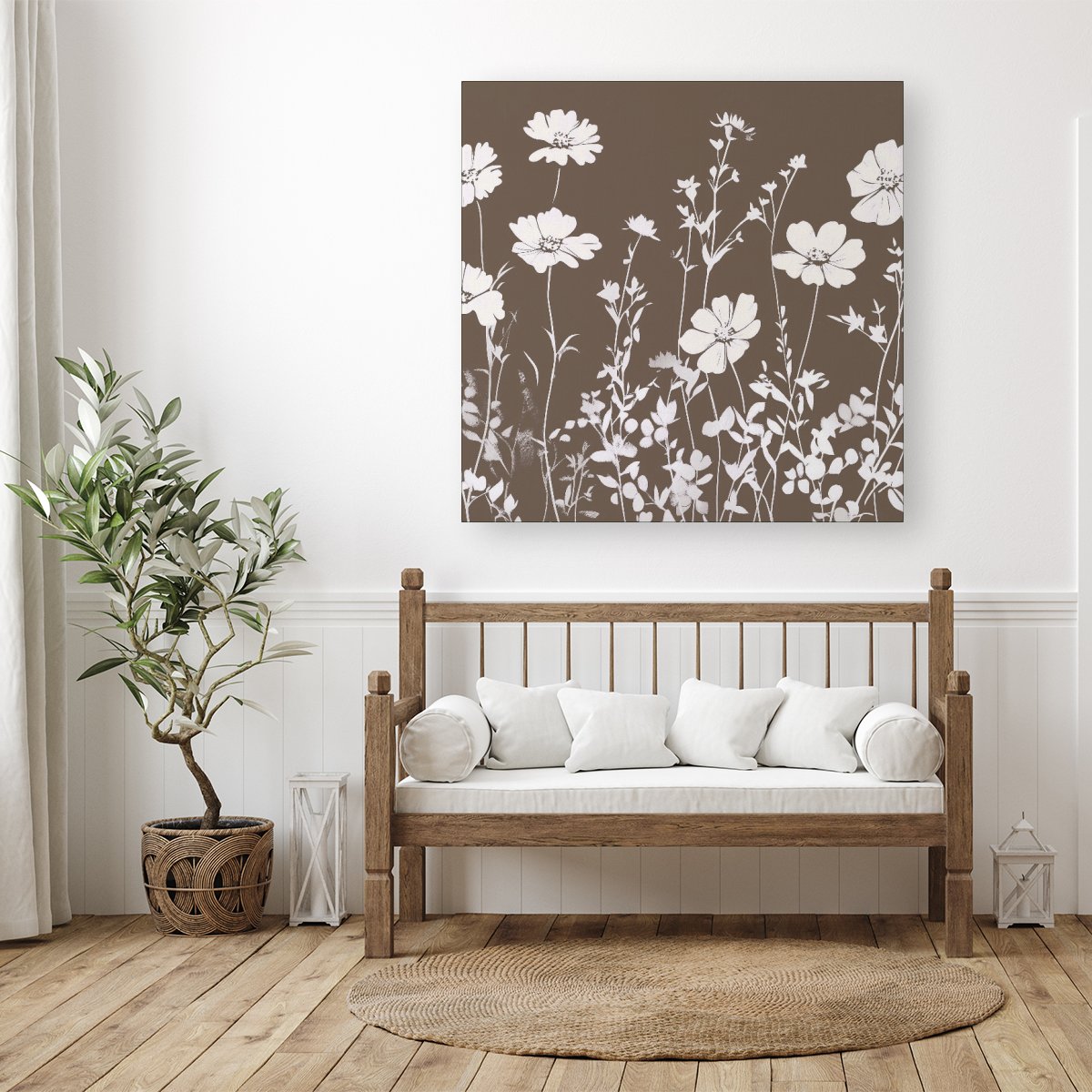 Taupe And White Floral Silhouette Canvas