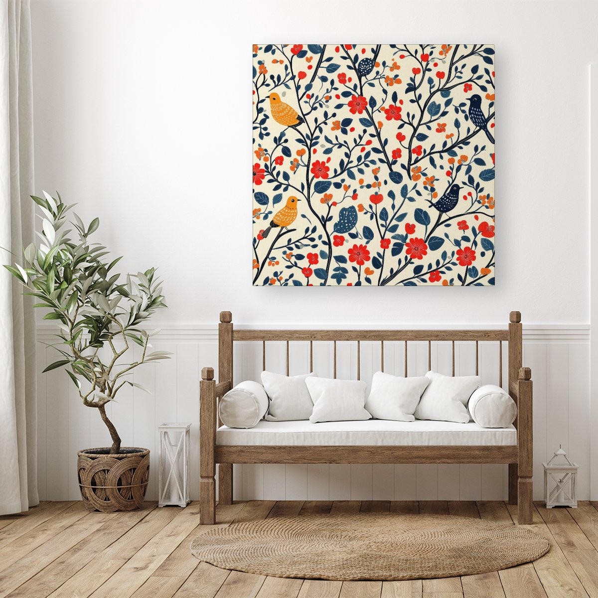 Woodland Birds And Flowers In The Trees Canvas