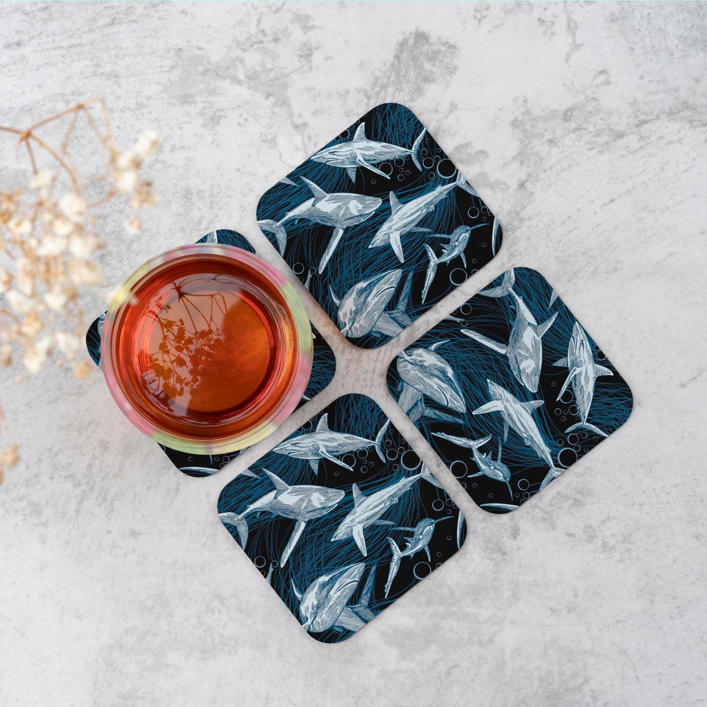 Hand Drawn Shark Pattern Coasters