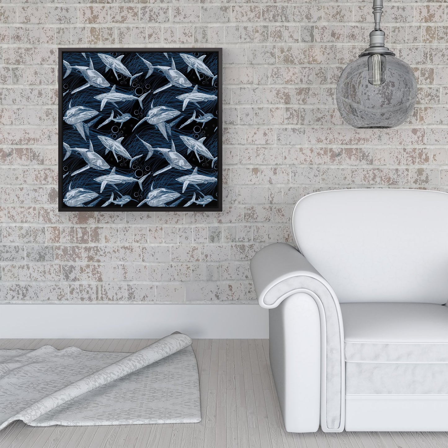 Hand Drawn Shark Pattern Framed Canvas