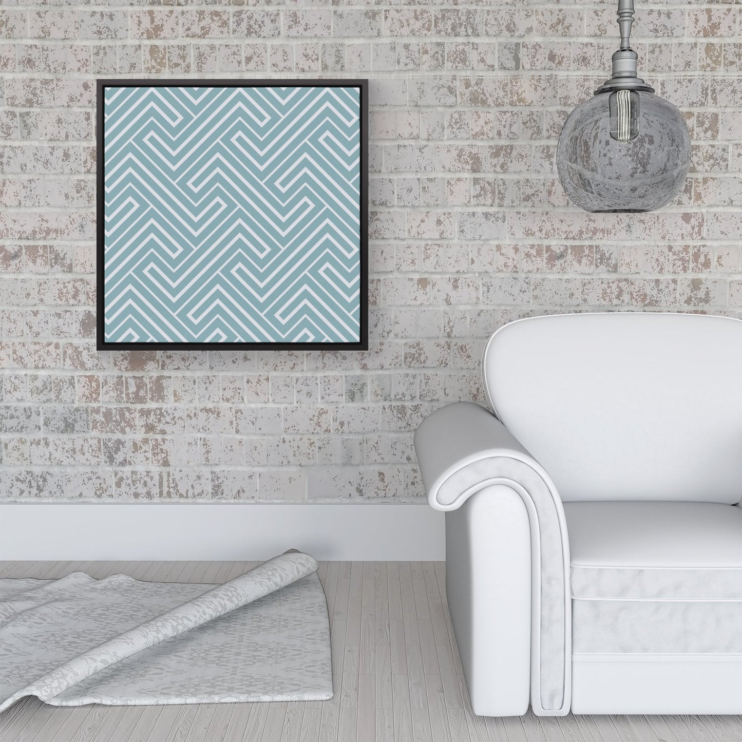 Blue And White Geometric Pattern Framed Canvas