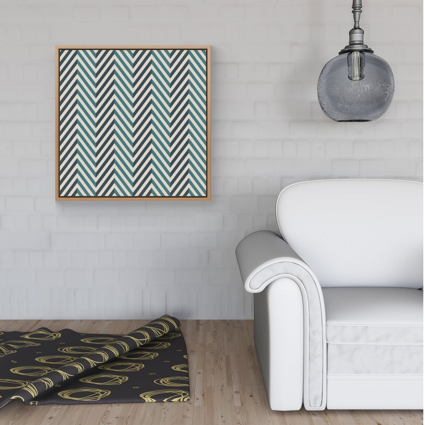Geometric Herringbone Chevron Blues Framed Canvas