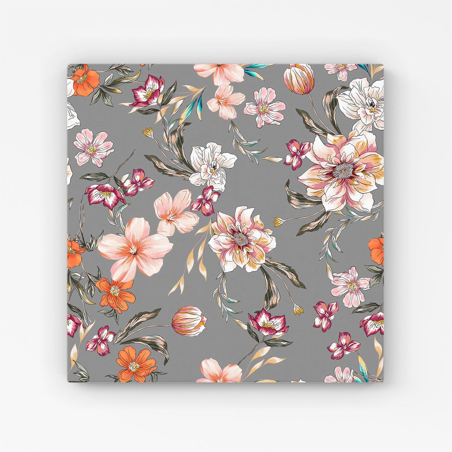 Peony, Lily, Tulip, Daisy Colorful On Grey Background Canvas