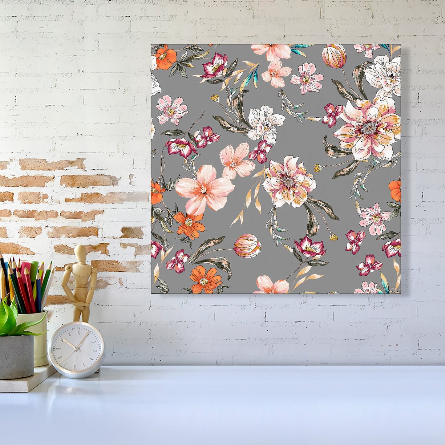 Peony, Lily, Tulip, Daisy Colorful On Grey Background Canvas