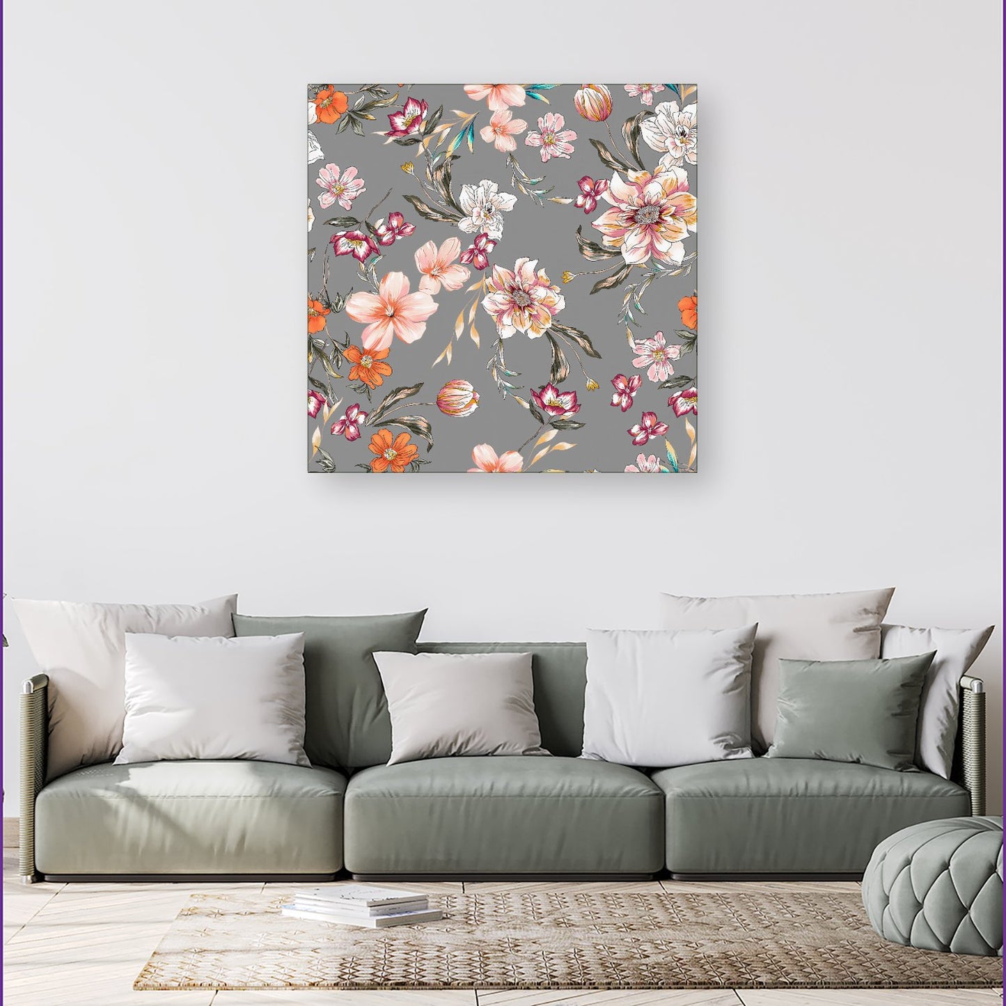 Peony, Lily, Tulip, Daisy Colorful On Grey Background Canvas