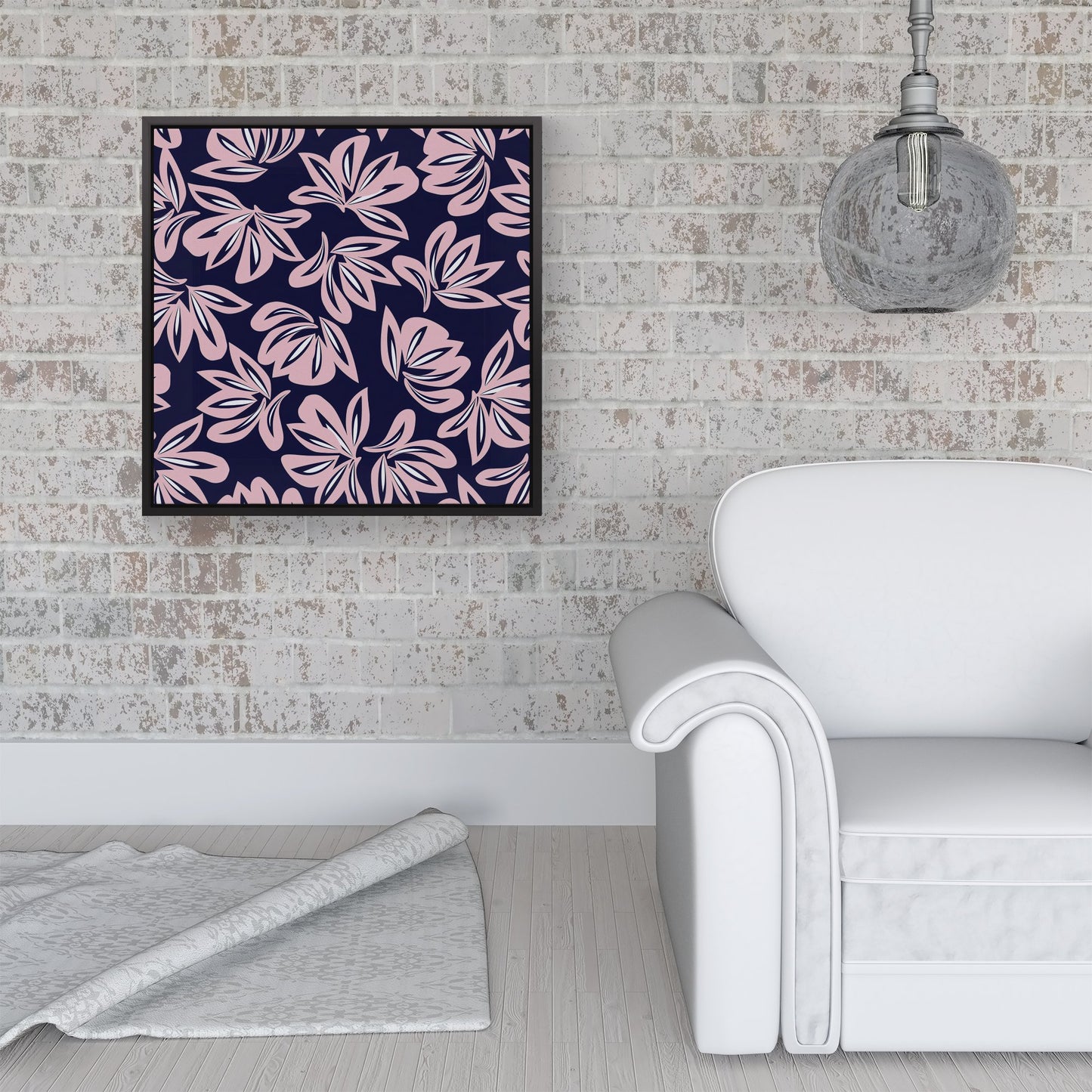 Pink Navy Floral Botanical Pattern Framed Canvas