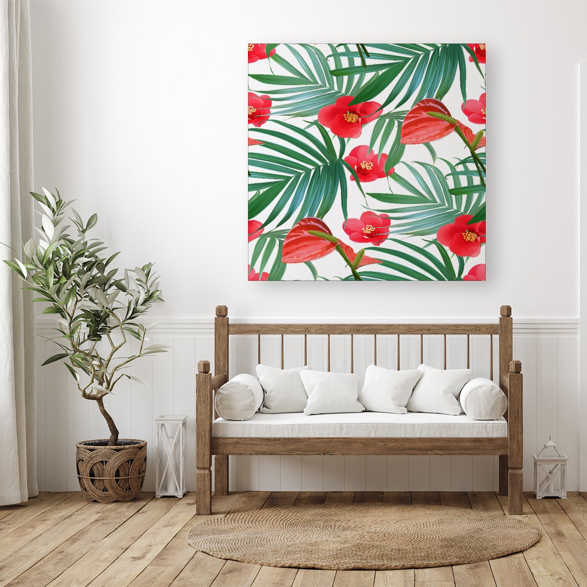 Tropical Flowers And Palm Leaves Hawaiian Canvas