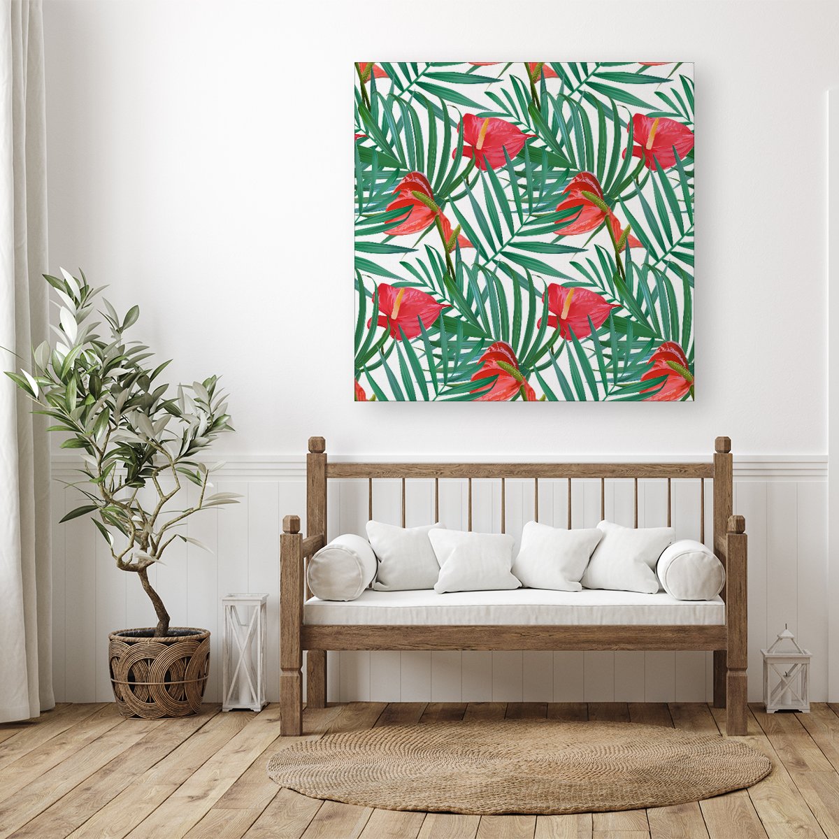 Tropical Flowers And Palm Leaves Canvas