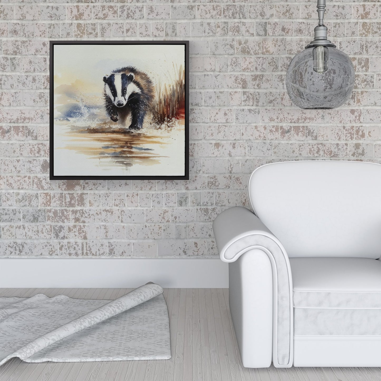 Wading Badger Watercolour Framed Canvas