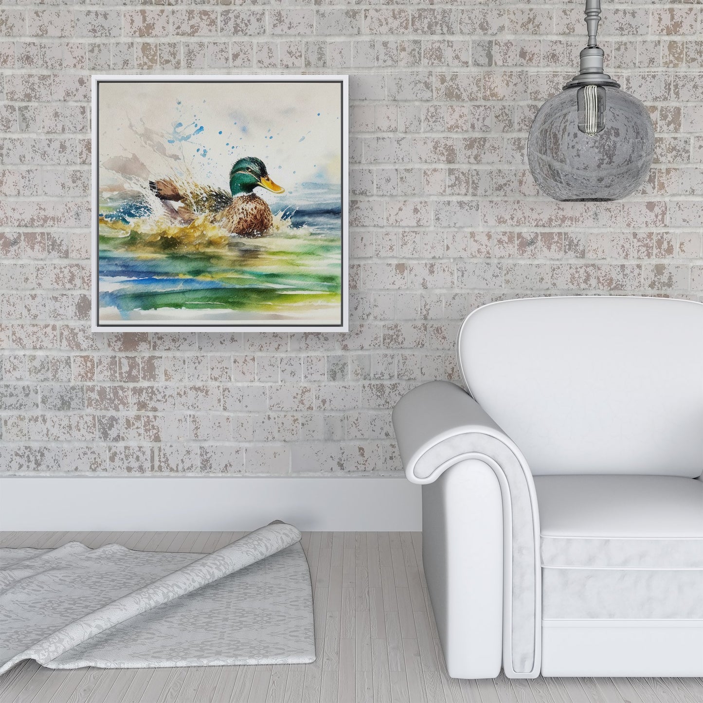 Splashing Mallard Watercolour Framed Canvas