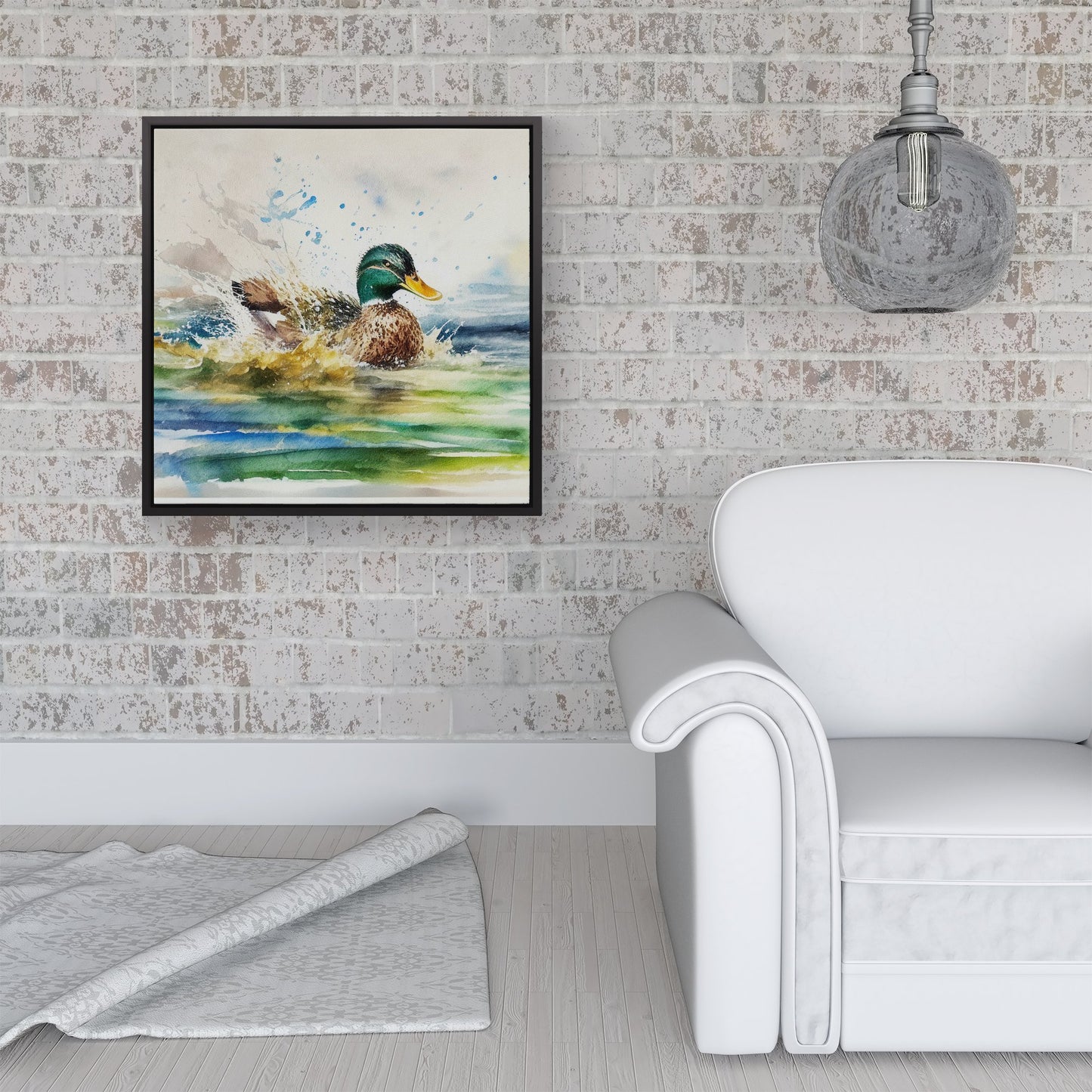 Splashing Mallard Watercolour Framed Canvas