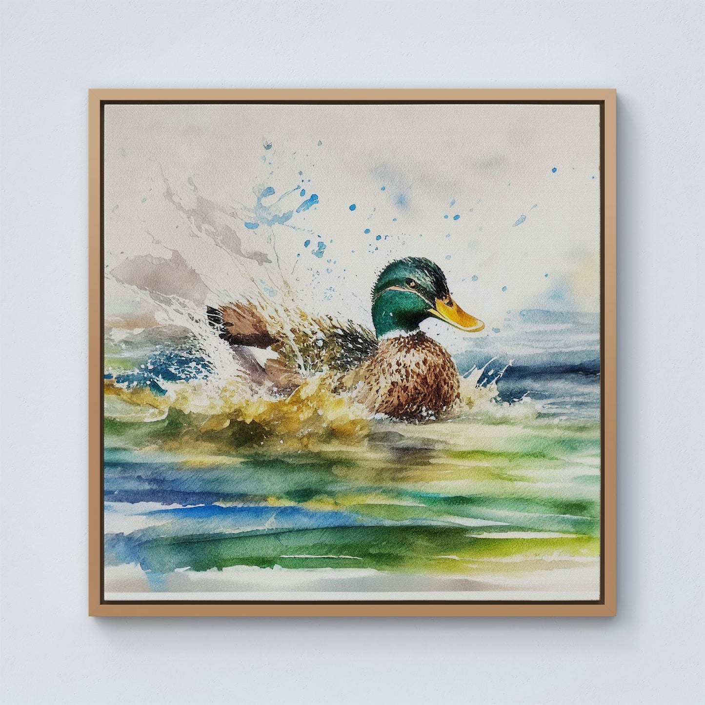 Splashing Mallard Watercolour Framed Canvas