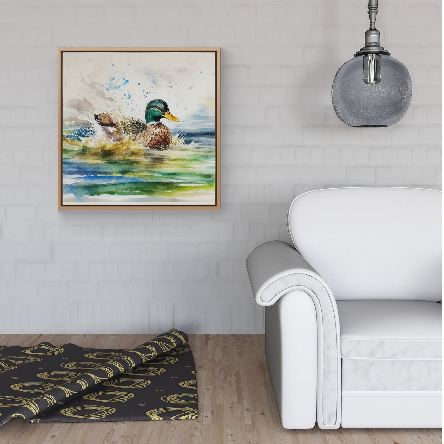Splashing Mallard Watercolour Framed Canvas