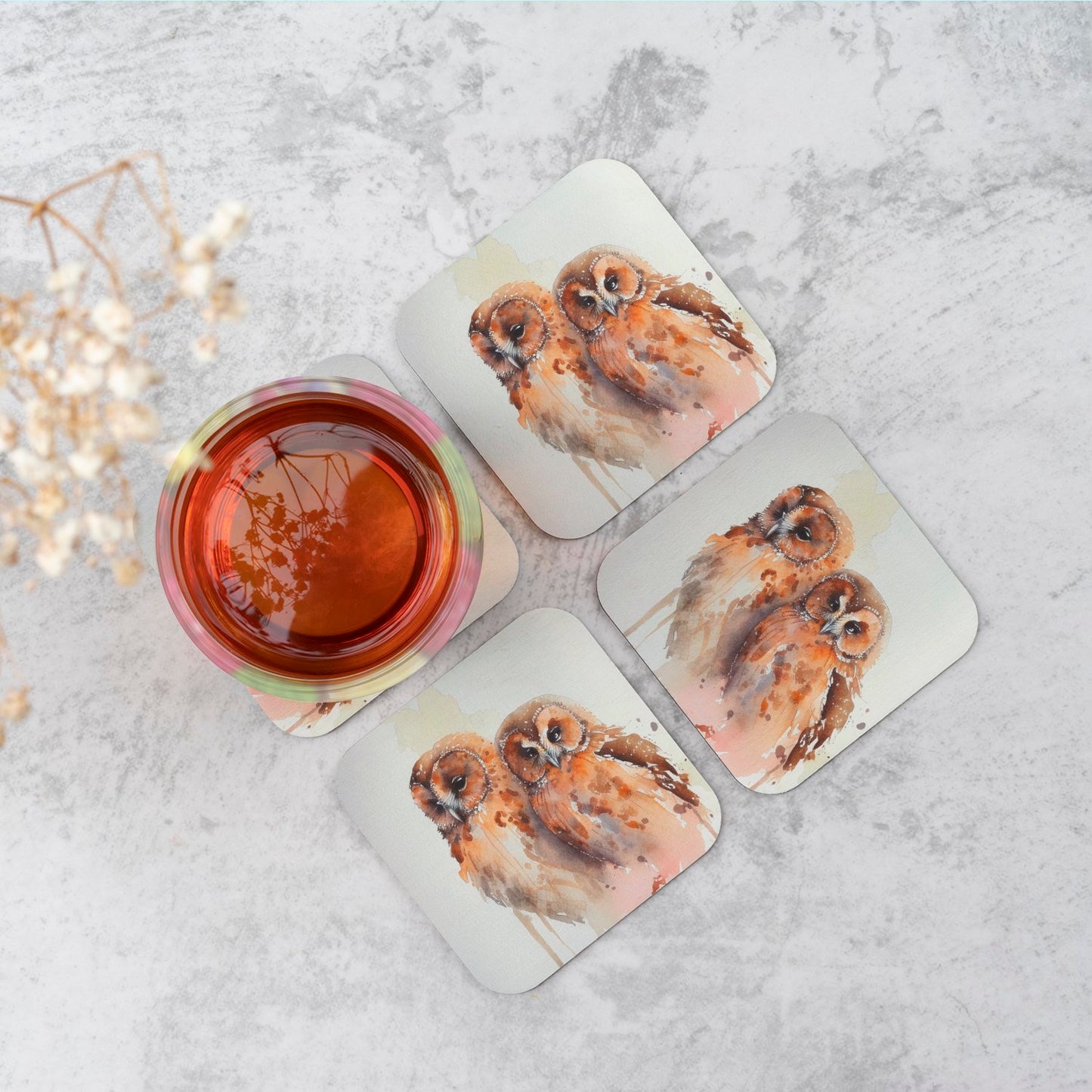 Loving Tawny Owls Watercolour Coasters
