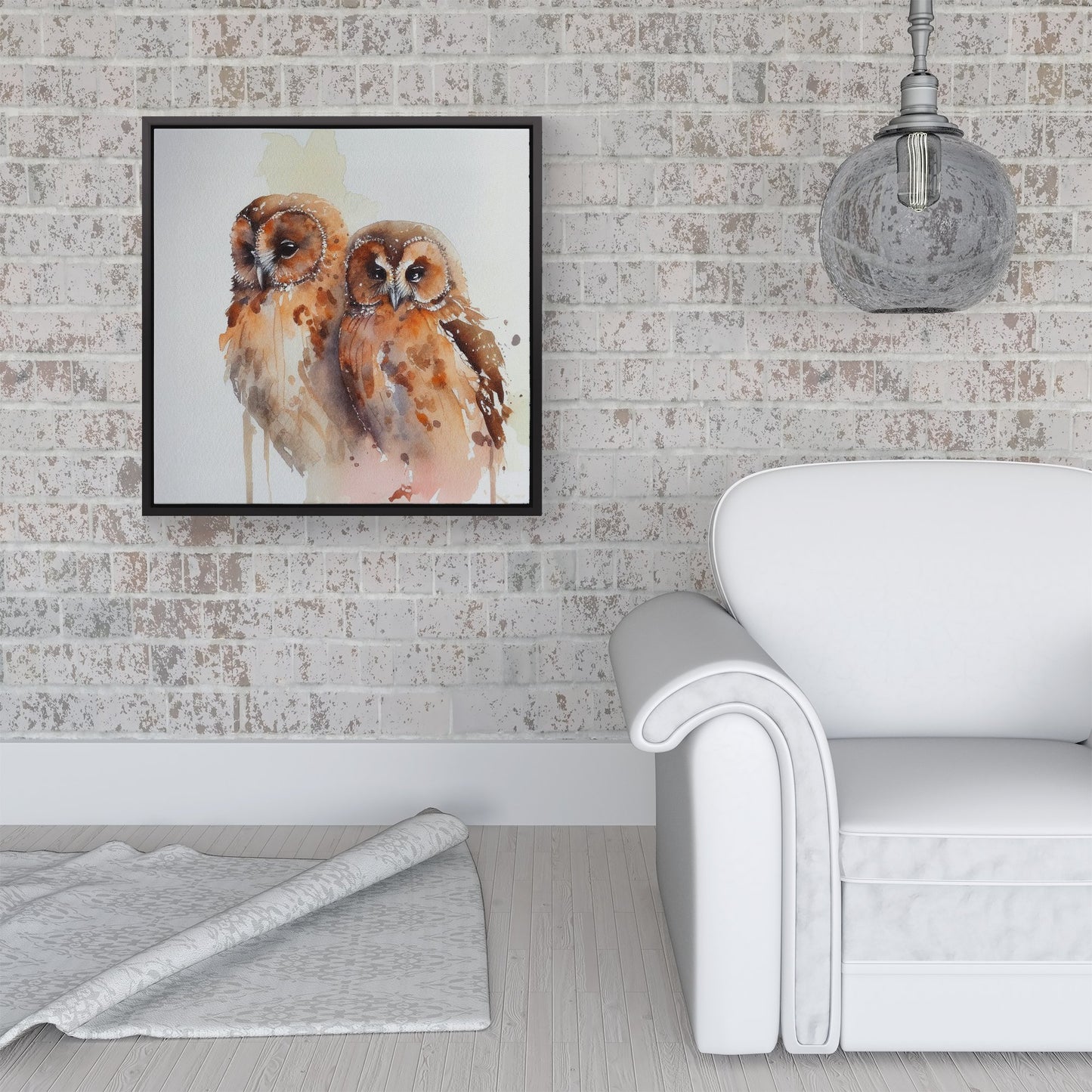 Loving Tawny Owls Watercolour Framed Canvas