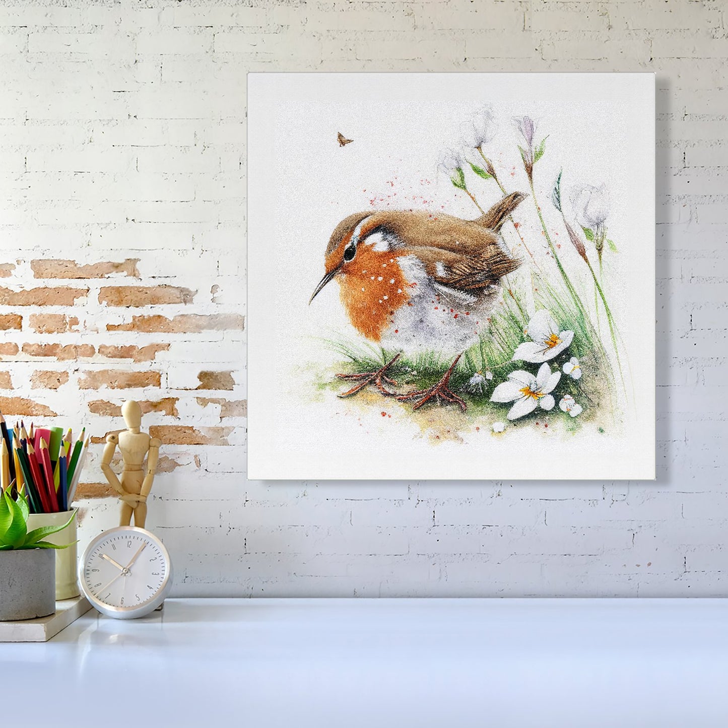 Robin And Daisies Watercolour Canvas