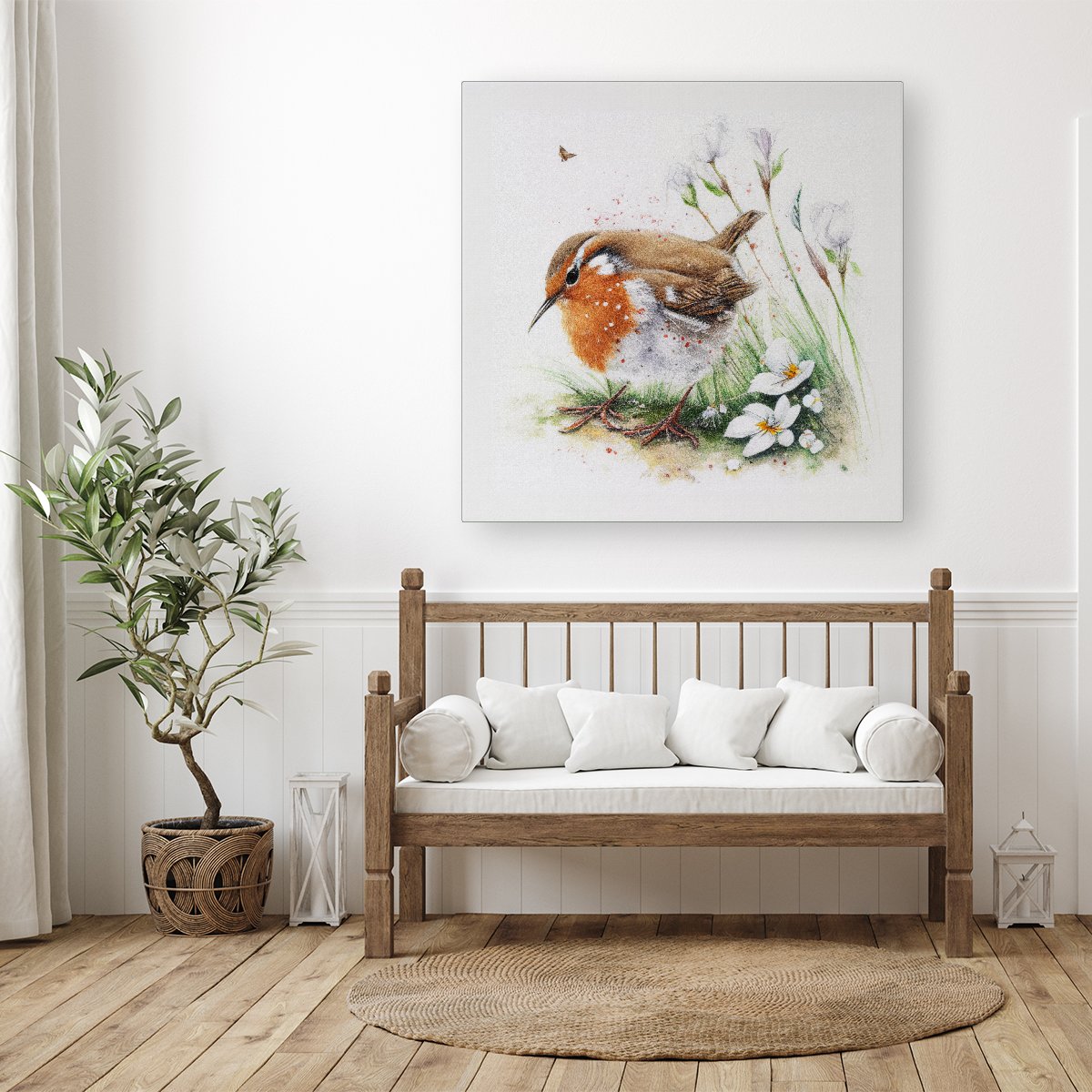 Robin And Daisies Watercolour Canvas