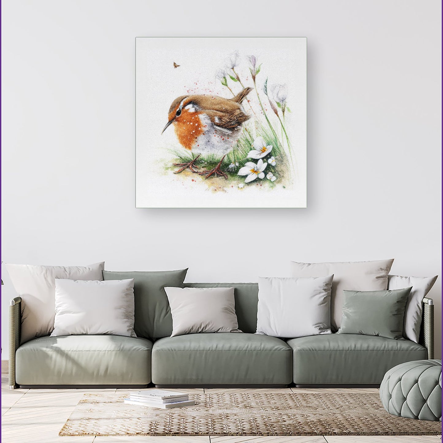 Robin And Daisies Watercolour Canvas